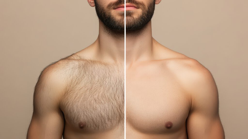 Before and after results of laser hair removal treatment on male chest at Reimagine Beauty Lancaster Med Spa.